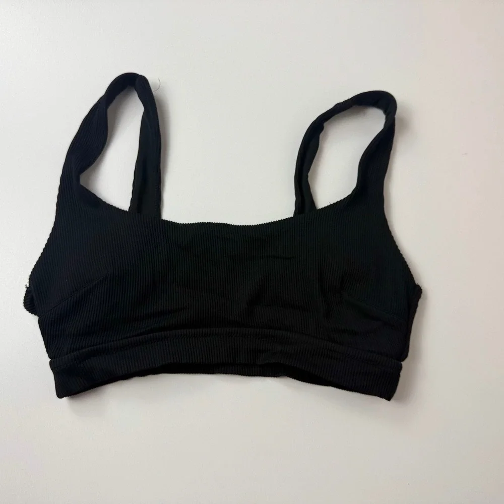 Aerie Womens Black Ribbed Sports Bra Square Neck Wide Strap Activewear Top